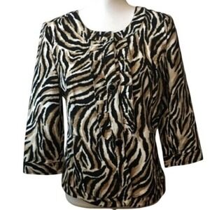 Charter Club Jacket Blazer Petite Small PS Zebra Print Ruffle Front 3/4 Sleeve